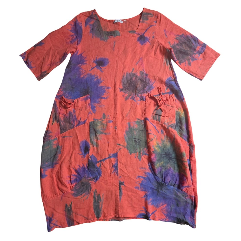Cristina Vergani Linen Cotton Floral Lagenlook Shift Dress Art To Wear L Italy